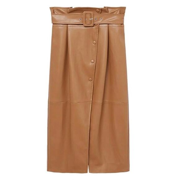 MNG Mango Faux Leather Midi High Waisted Belt Skirt Buttons Brown Size XS - Picture 1 of 7